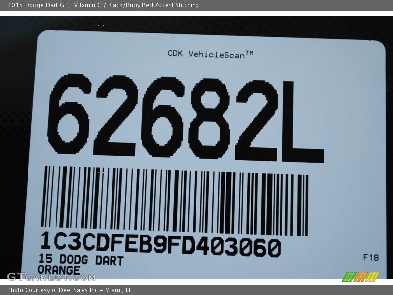 Vitamin C / Black/Ruby Red Accent Stitching 2015 Dodge Dart GT