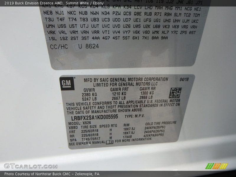 2019 Envision Essence AWD Summit White Color Code 8624