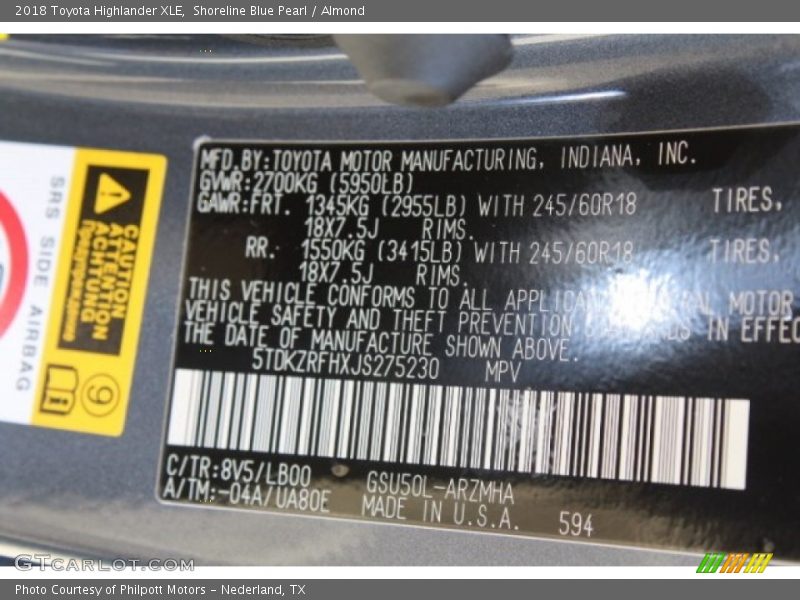 Shoreline Blue Pearl / Almond 2018 Toyota Highlander XLE