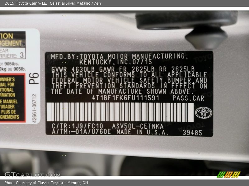 Celestial Silver Metallic / Ash 2015 Toyota Camry LE