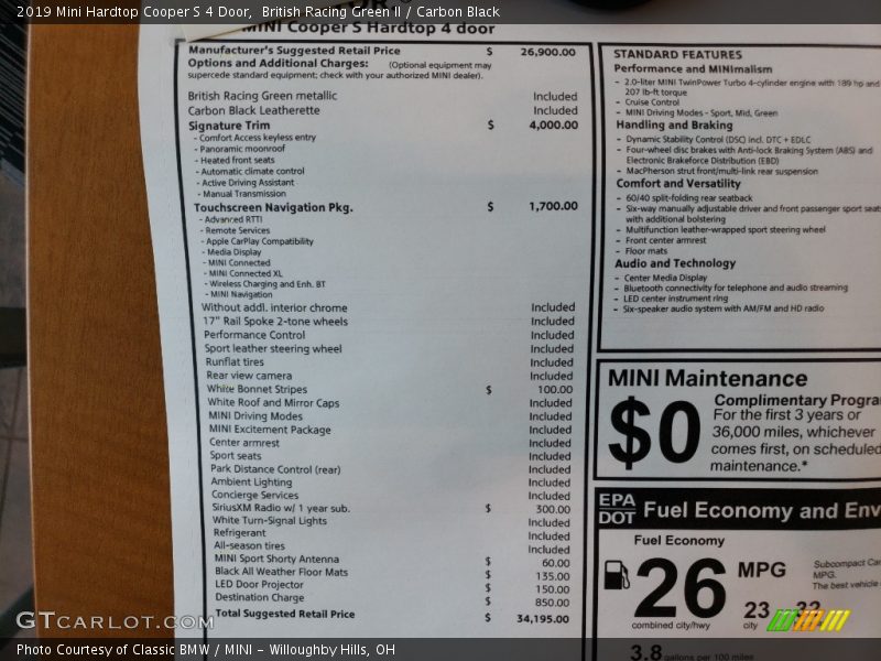  2019 Hardtop Cooper S 4 Door Window Sticker