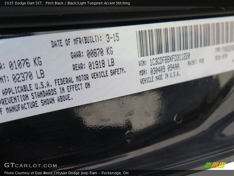 Pitch Black / Black/Light Tungsten Accent Stitching 2015 Dodge Dart SXT