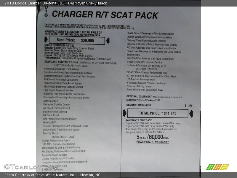 Destroyer Gray / Black 2018 Dodge Charger Daytona 392