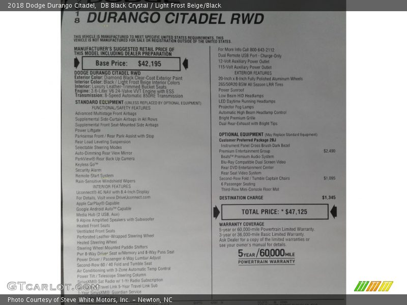 DB Black Crystal / Light Frost Beige/Black 2018 Dodge Durango Citadel