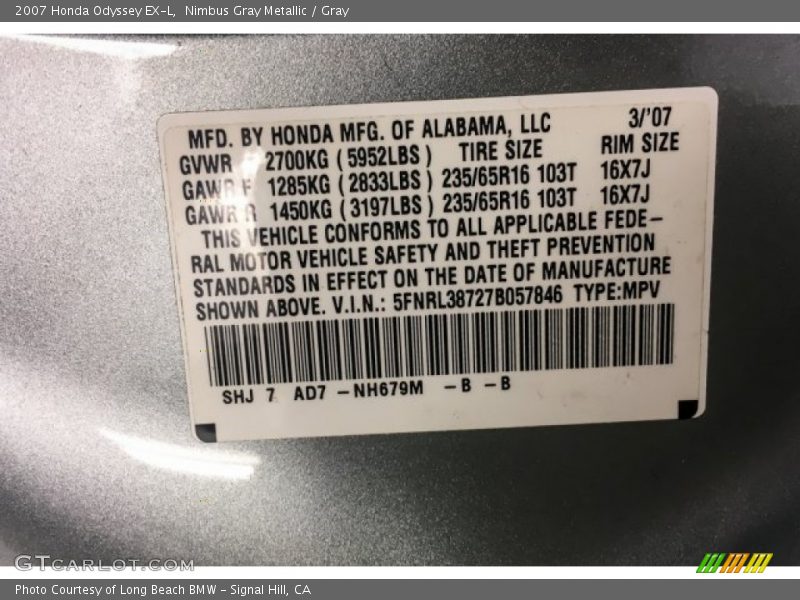 Nimbus Gray Metallic / Gray 2007 Honda Odyssey EX-L