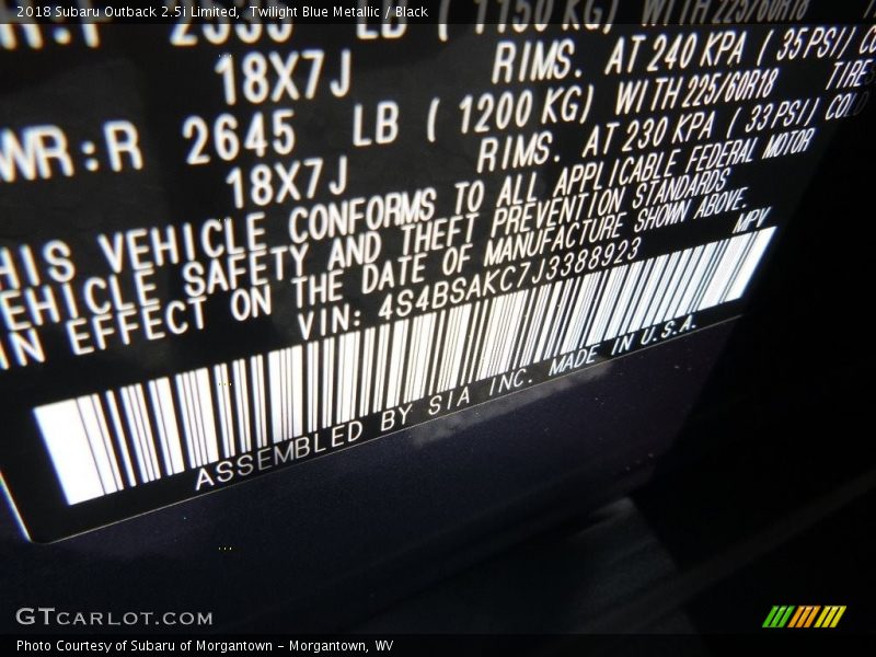 Twilight Blue Metallic / Black 2018 Subaru Outback 2.5i Limited