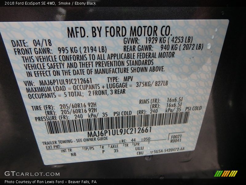 Smoke / Ebony Black 2018 Ford EcoSport SE 4WD