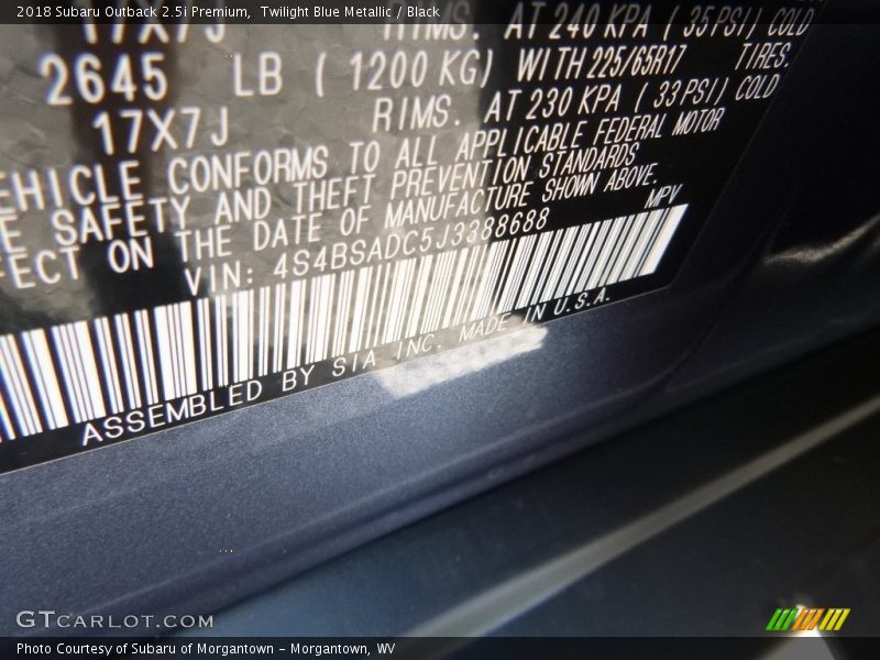Twilight Blue Metallic / Black 2018 Subaru Outback 2.5i Premium