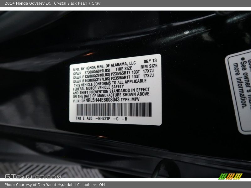 Crystal Black Pearl / Gray 2014 Honda Odyssey EX