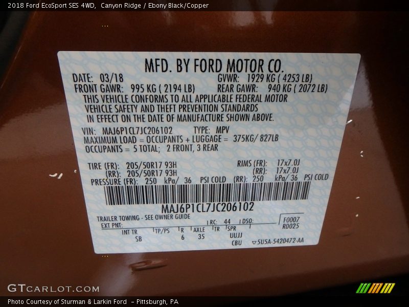Canyon Ridge / Ebony Black/Copper 2018 Ford EcoSport SES 4WD