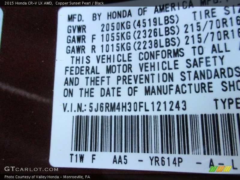Copper Sunset Pearl / Black 2015 Honda CR-V LX AWD