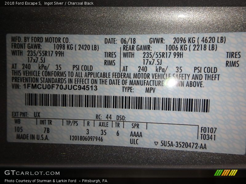 Ingot Silver / Charcoal Black 2018 Ford Escape S