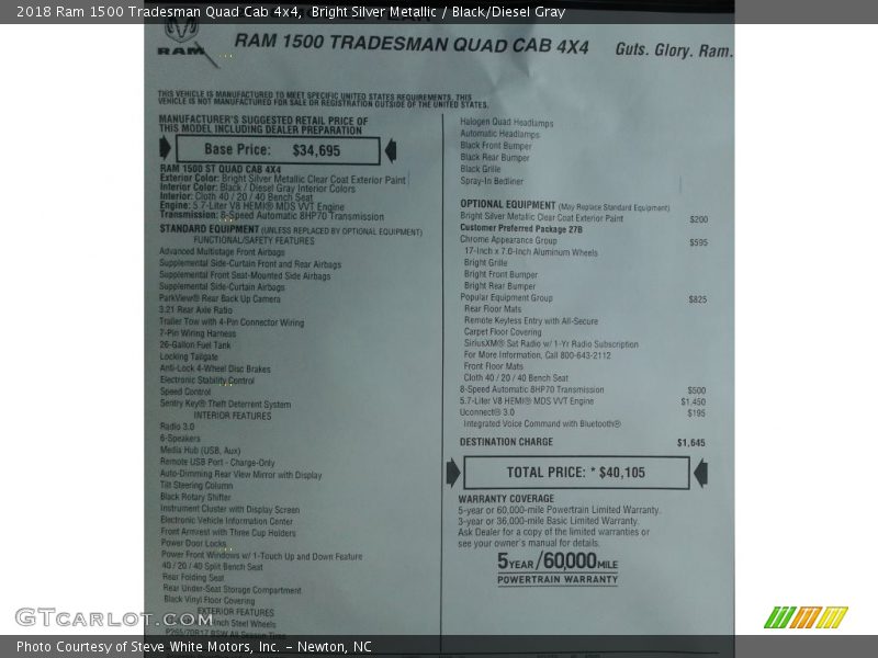 Bright Silver Metallic / Black/Diesel Gray 2018 Ram 1500 Tradesman Quad Cab 4x4