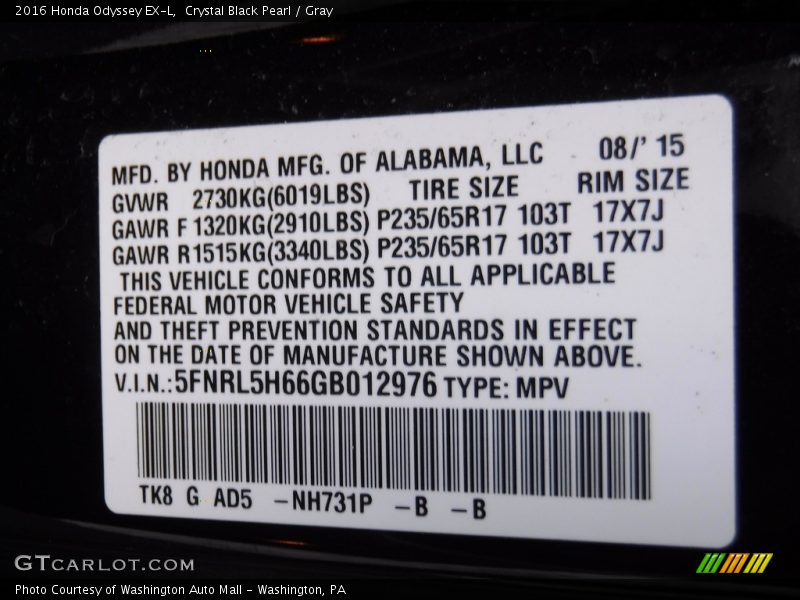 Crystal Black Pearl / Gray 2016 Honda Odyssey EX-L