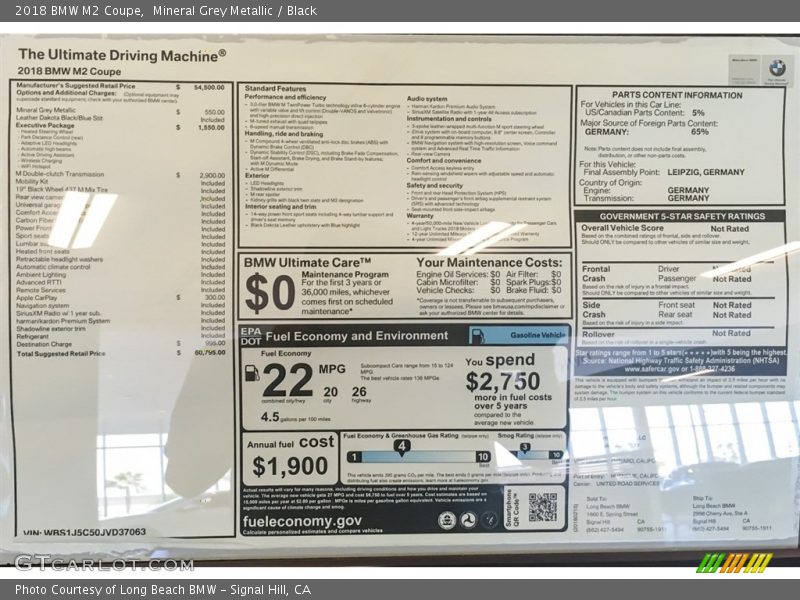 Mineral Grey Metallic / Black 2018 BMW M2 Coupe