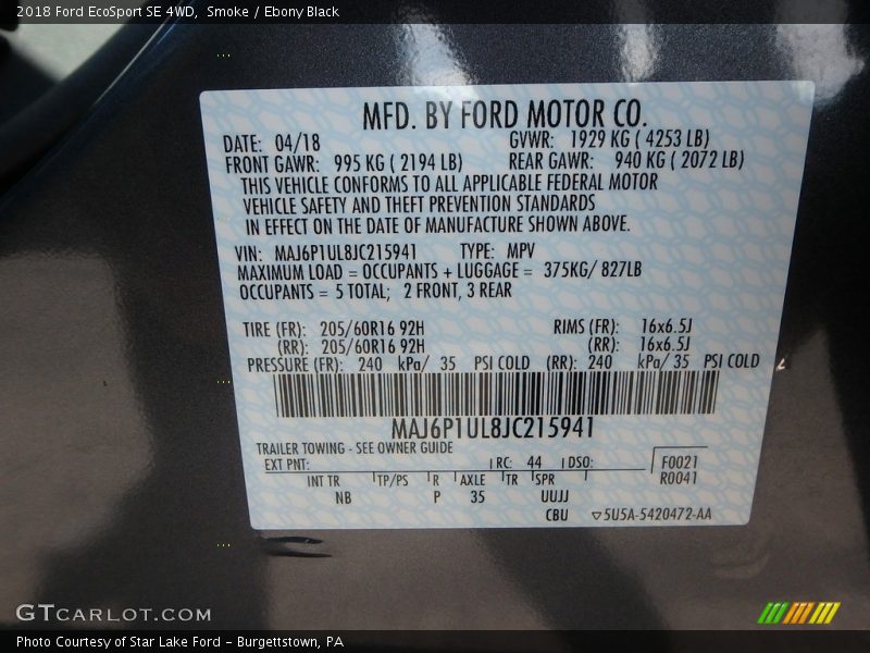 Smoke / Ebony Black 2018 Ford EcoSport SE 4WD