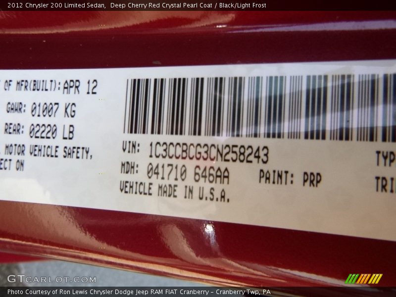 Deep Cherry Red Crystal Pearl Coat / Black/Light Frost 2012 Chrysler 200 Limited Sedan