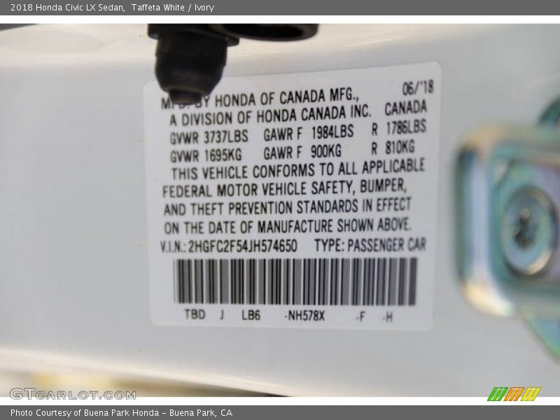 Taffeta White / Ivory 2018 Honda Civic LX Sedan