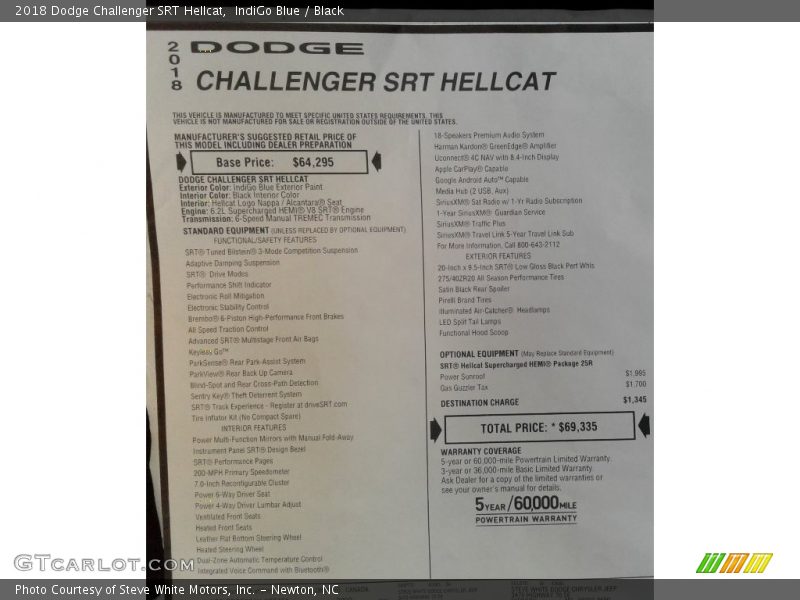  2018 Challenger SRT Hellcat Window Sticker