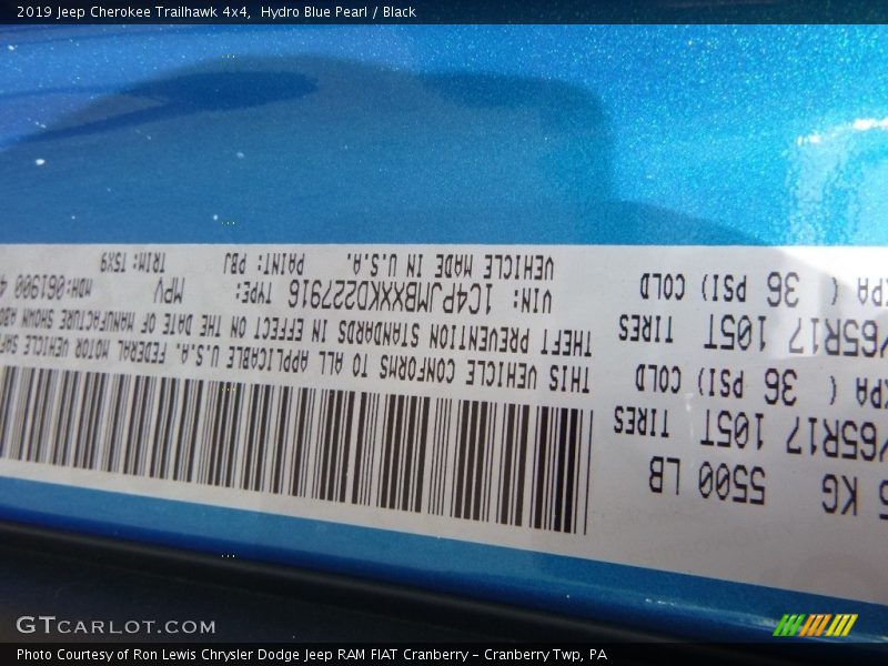 Hydro Blue Pearl / Black 2019 Jeep Cherokee Trailhawk 4x4
