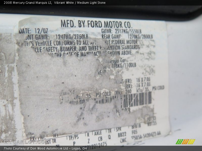 Vibrant White / Medium Light Stone 2008 Mercury Grand Marquis LS