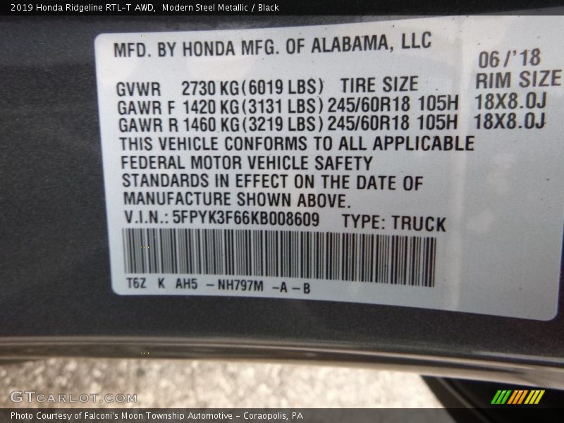 2019 Ridgeline RTL-T AWD Modern Steel Metallic Color Code NH797M