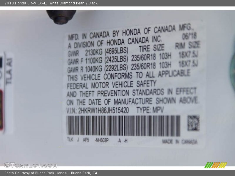 White Diamond Pearl / Black 2018 Honda CR-V EX-L