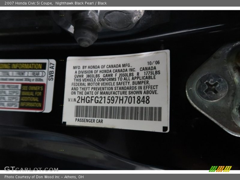Nighthawk Black Pearl / Black 2007 Honda Civic Si Coupe