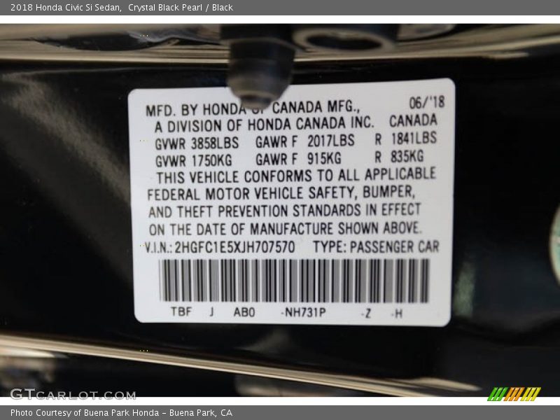 Crystal Black Pearl / Black 2018 Honda Civic Si Sedan