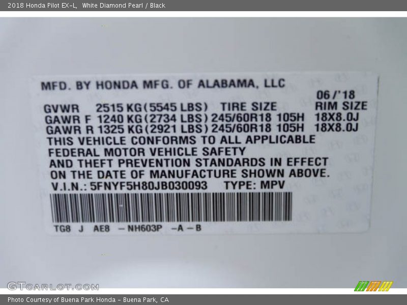 White Diamond Pearl / Black 2018 Honda Pilot EX-L