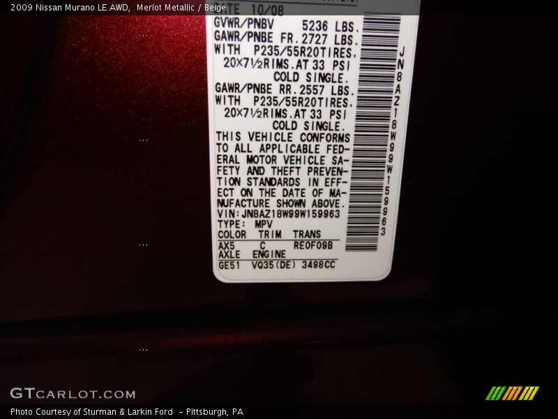 Merlot Metallic / Beige 2009 Nissan Murano LE AWD