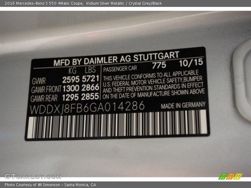 Iridium Silver Metallic / Crystal Grey/Black 2016 Mercedes-Benz S 550 4Matic Coupe