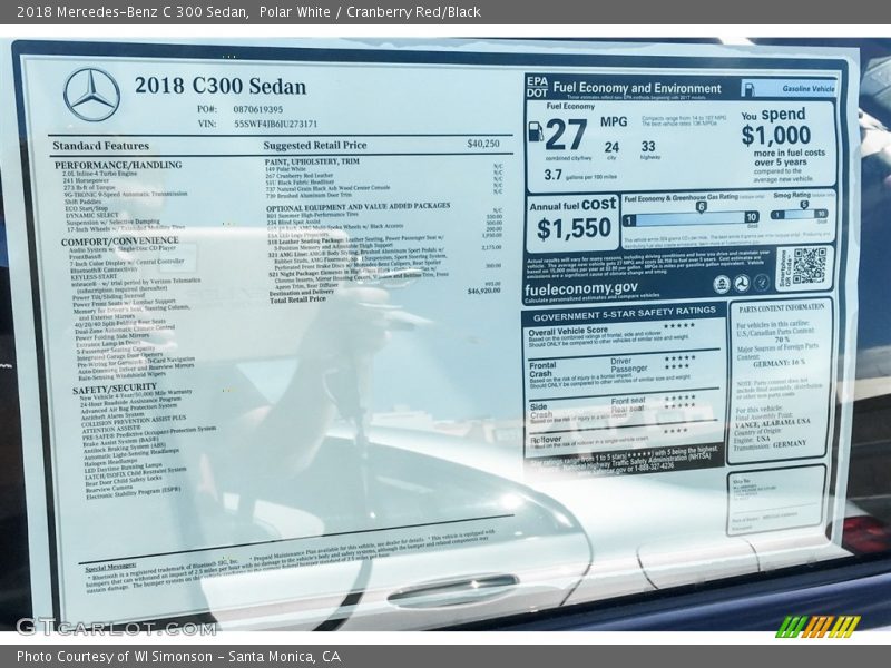 Polar White / Cranberry Red/Black 2018 Mercedes-Benz C 300 Sedan