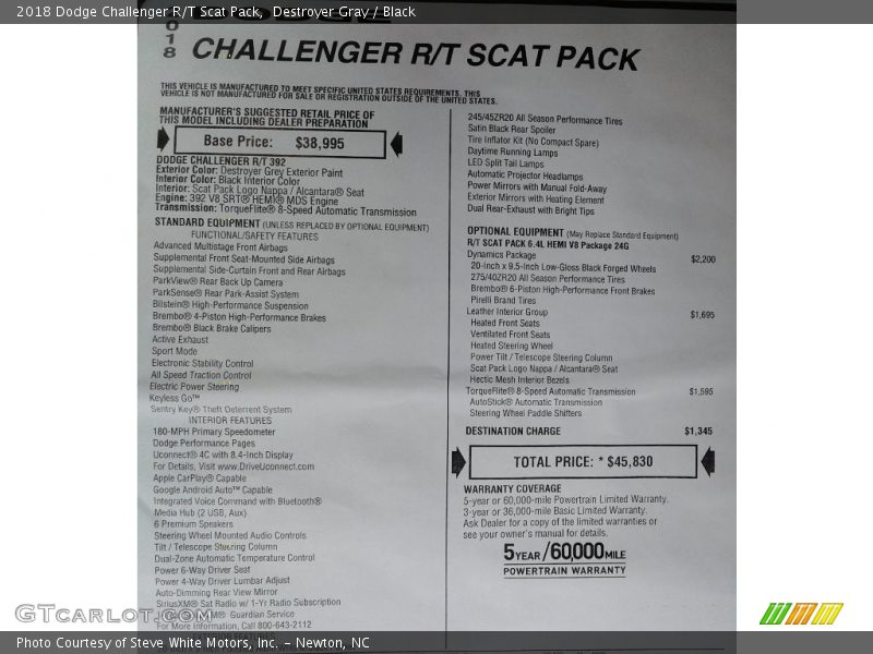 Destroyer Gray / Black 2018 Dodge Challenger R/T Scat Pack