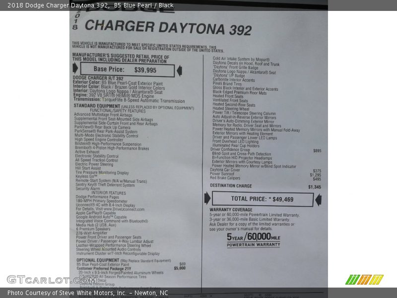 B5 Blue Pearl / Black 2018 Dodge Charger Daytona 392