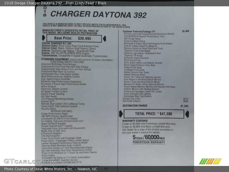 Plum Crazy Pearl / Black 2018 Dodge Charger Daytona 392