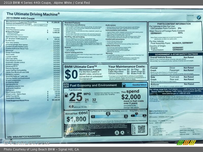 Alpine White / Coral Red 2019 BMW 4 Series 440i Coupe