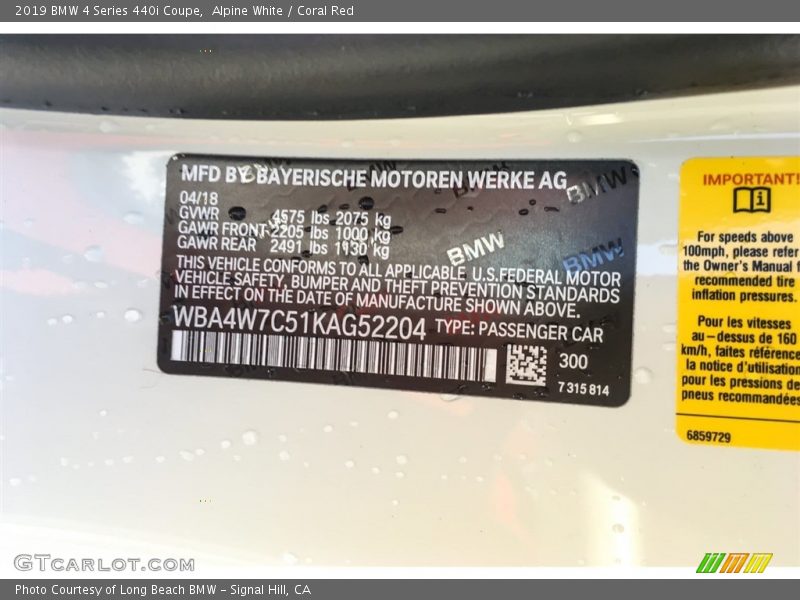 Alpine White / Coral Red 2019 BMW 4 Series 440i Coupe