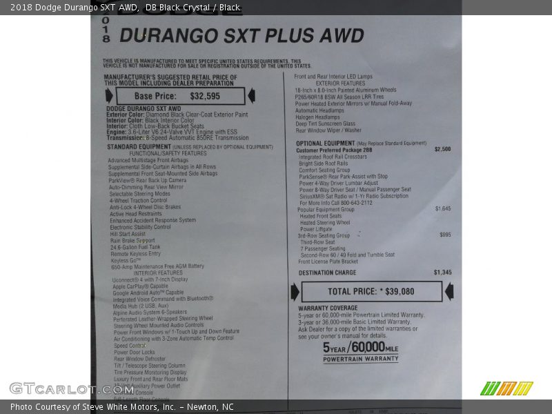 DB Black Crystal / Black 2018 Dodge Durango SXT AWD