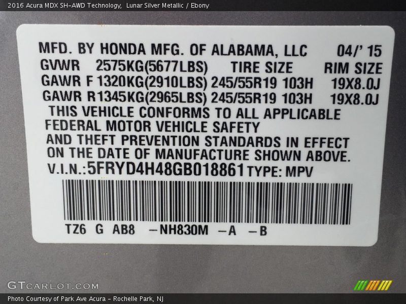 Lunar Silver Metallic / Ebony 2016 Acura MDX SH-AWD Technology