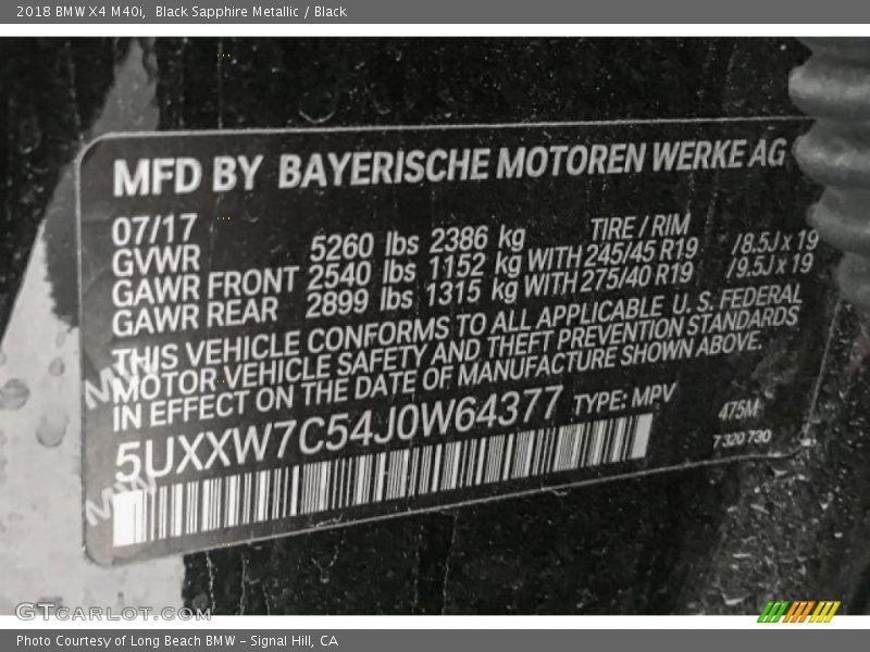 Black Sapphire Metallic / Black 2018 BMW X4 M40i
