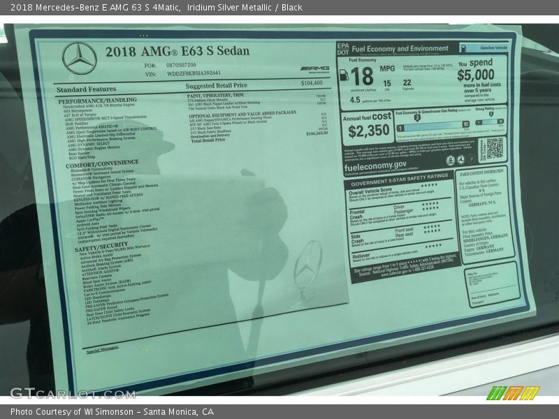  2018 E AMG 63 S 4Matic Window Sticker