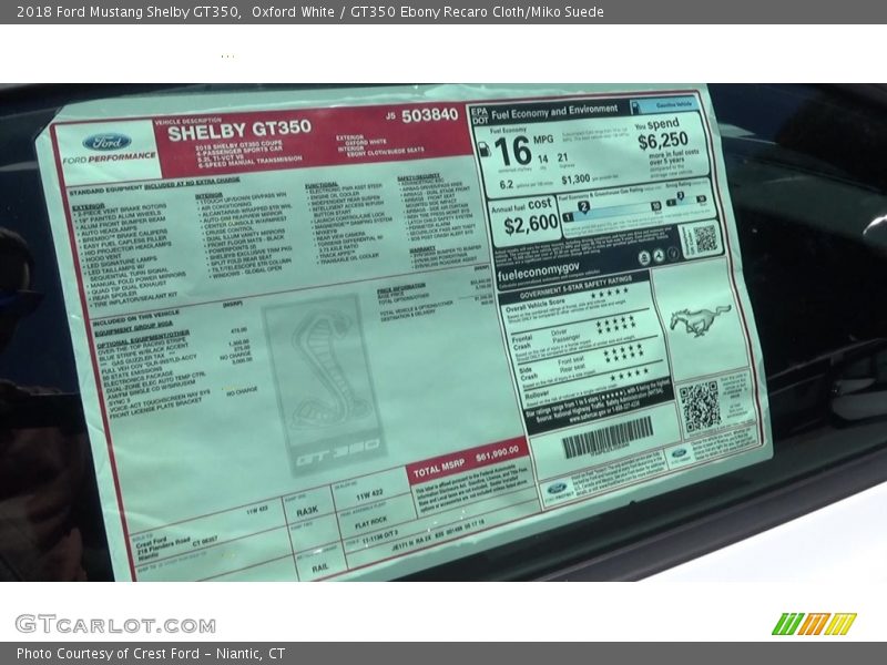  2018 Mustang Shelby GT350 Window Sticker