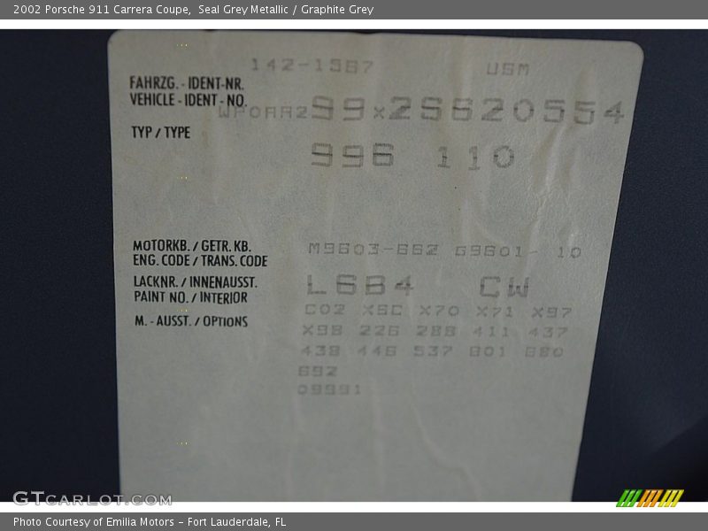 Seal Grey Metallic / Graphite Grey 2002 Porsche 911 Carrera Coupe
