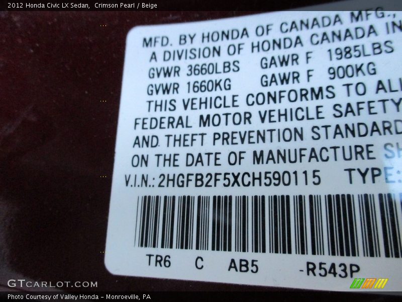 Crimson Pearl / Beige 2012 Honda Civic LX Sedan