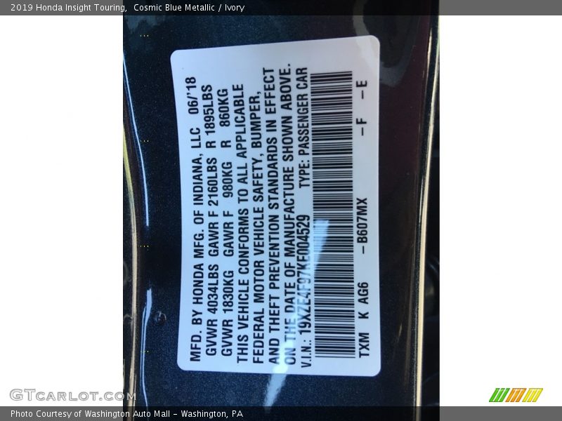 2019 Insight Touring Cosmic Blue Metallic Color Code B607MX