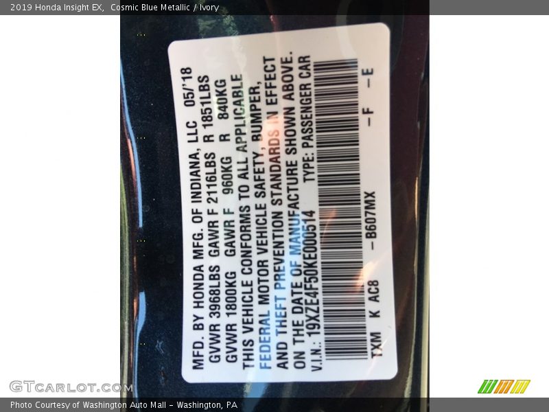 Cosmic Blue Metallic / Ivory 2019 Honda Insight EX