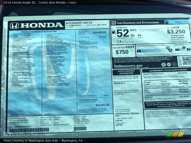 Cosmic Blue Metallic / Ivory 2019 Honda Insight EX