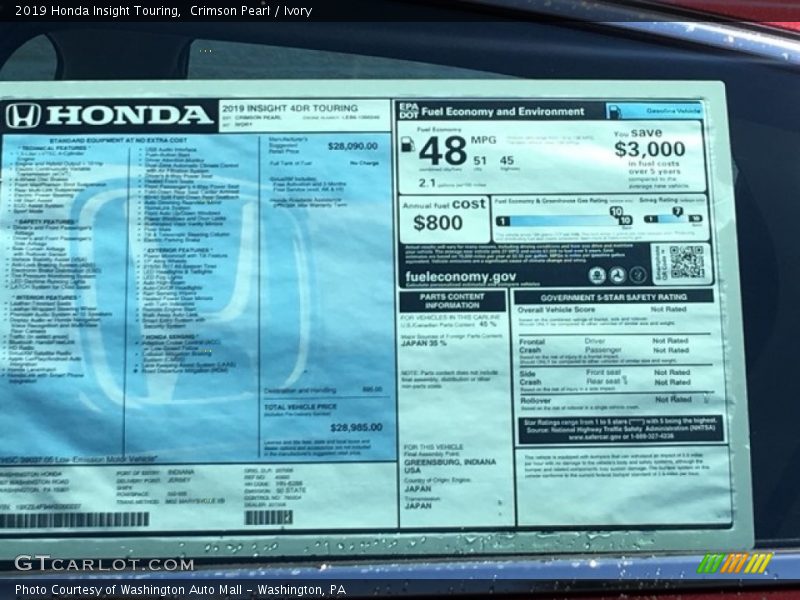 Crimson Pearl / Ivory 2019 Honda Insight Touring