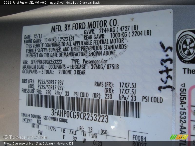 Ingot Silver Metallic / Charcoal Black 2012 Ford Fusion SEL V6 AWD